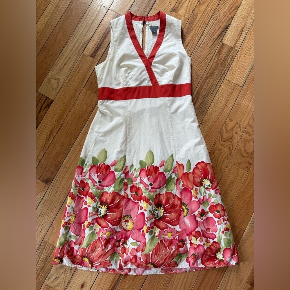 Ann Taylor 100% Cotton V Neck Sleeveless A Line White/Red Dress Women’s Sz 4 - Picture 4 of 15